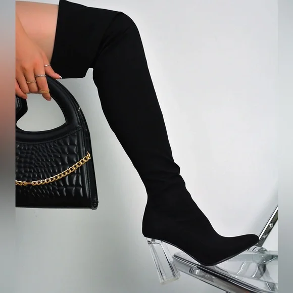 Black High Knee Clear Heeled Boot - Picture 1 of 6